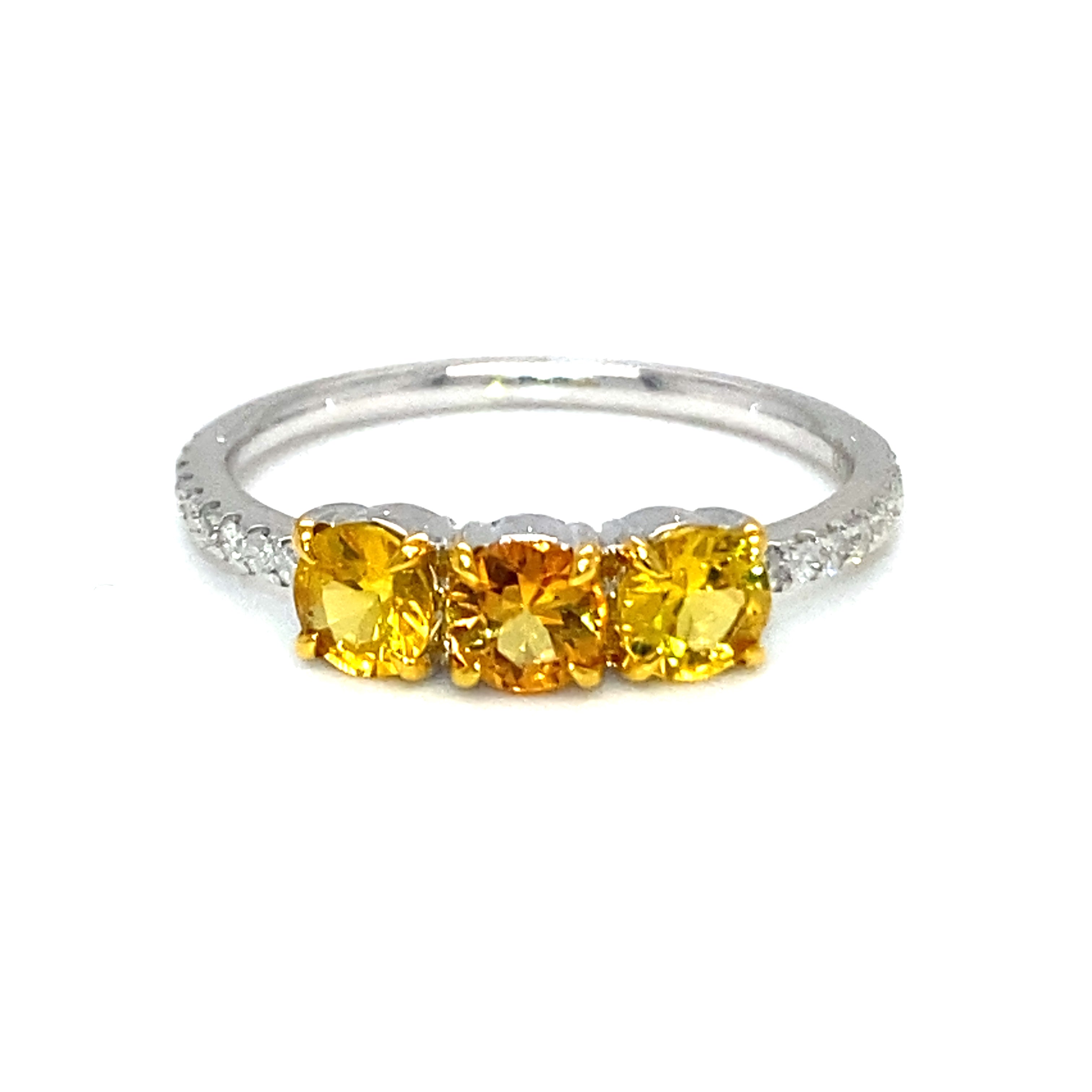 18K White Gold Trilogy Yellow Round  Sapphire Diamond  Ring