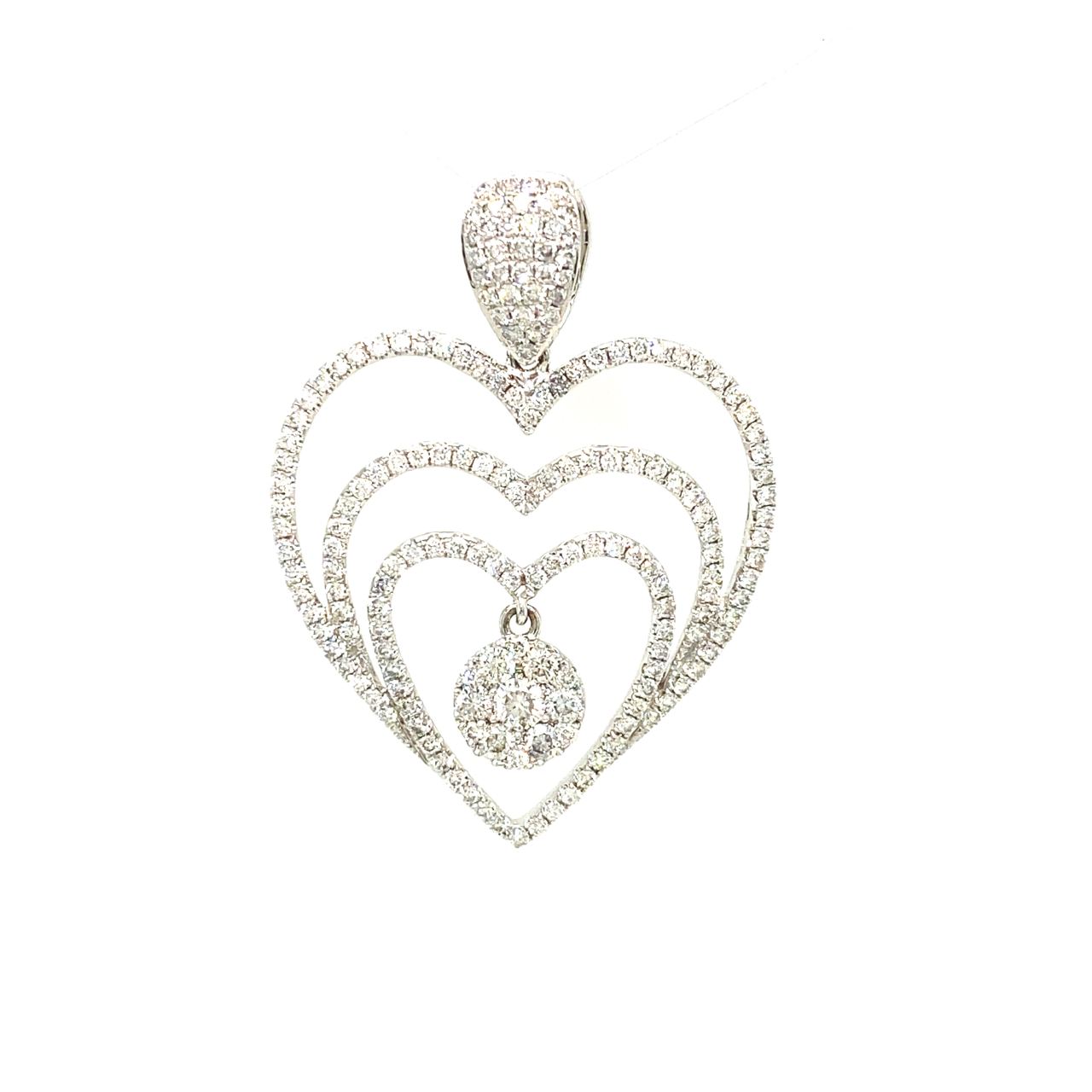 18K White Gold Triple Holo Pave Heart Cluster Diamond Pendant