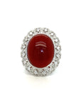 18K White Gold Red Agate Oval Flower Pave Diamond Ring