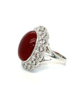 18K White Gold Red Agate Oval Flower Pave Diamond Ring