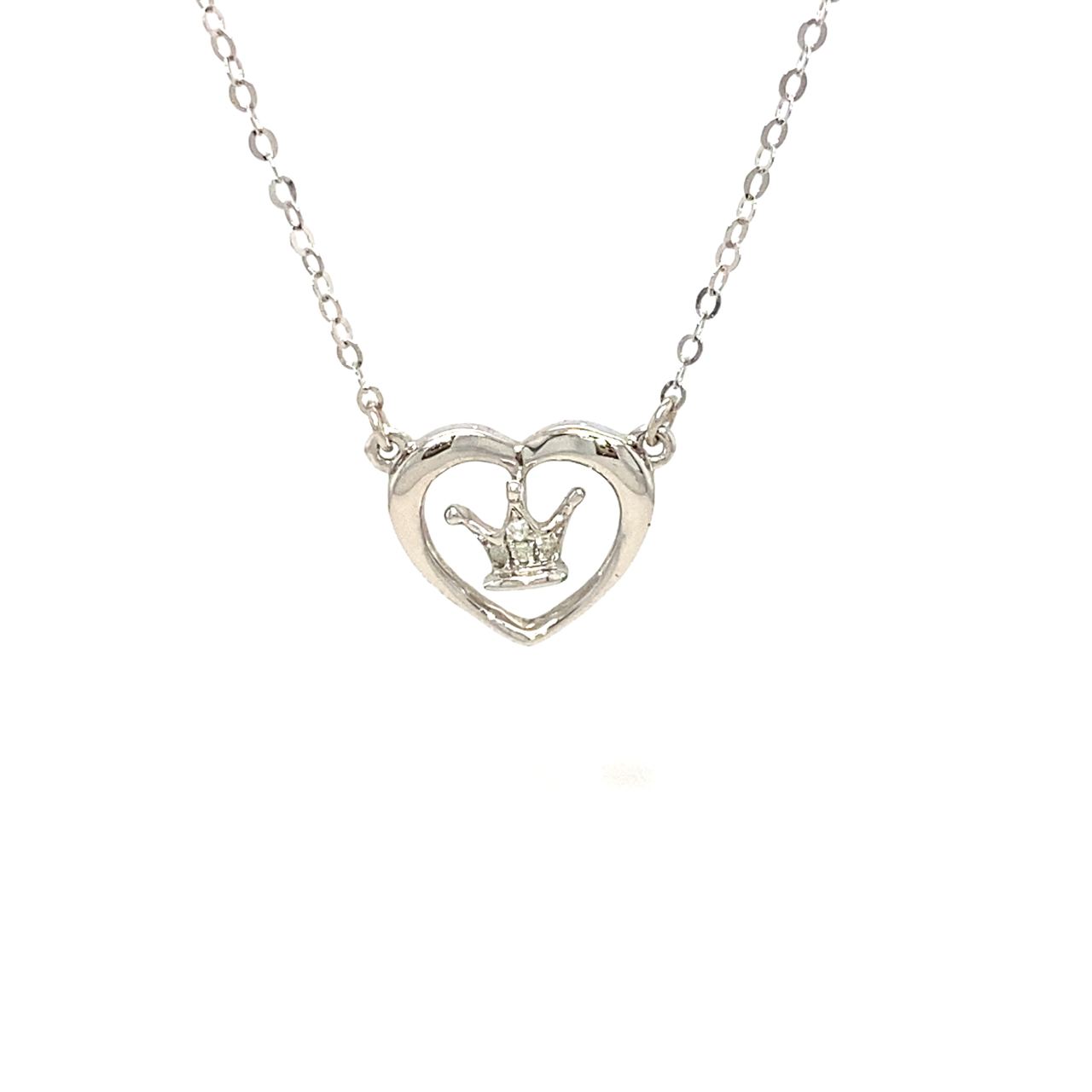 18K White Gold Crown On Heart Diamond Necklace