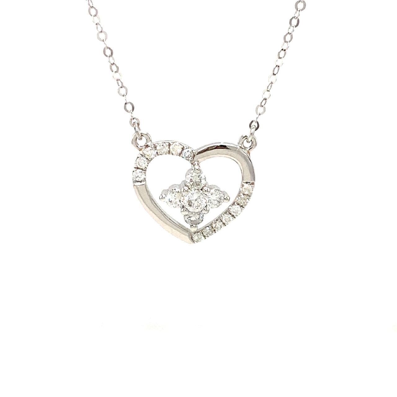 18K White Gold Heart Style with Four Leaft Flower Diamond Necklace