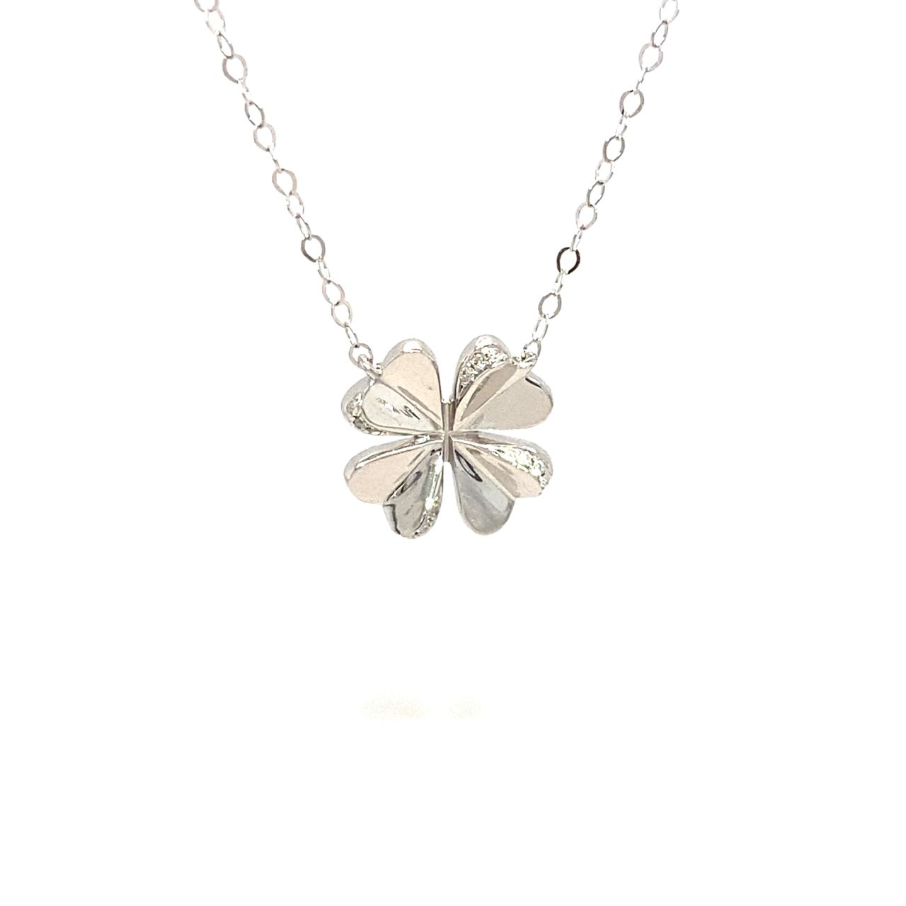 18K White Gold 3D Four Leaf Heart Clover Diamond Necklace