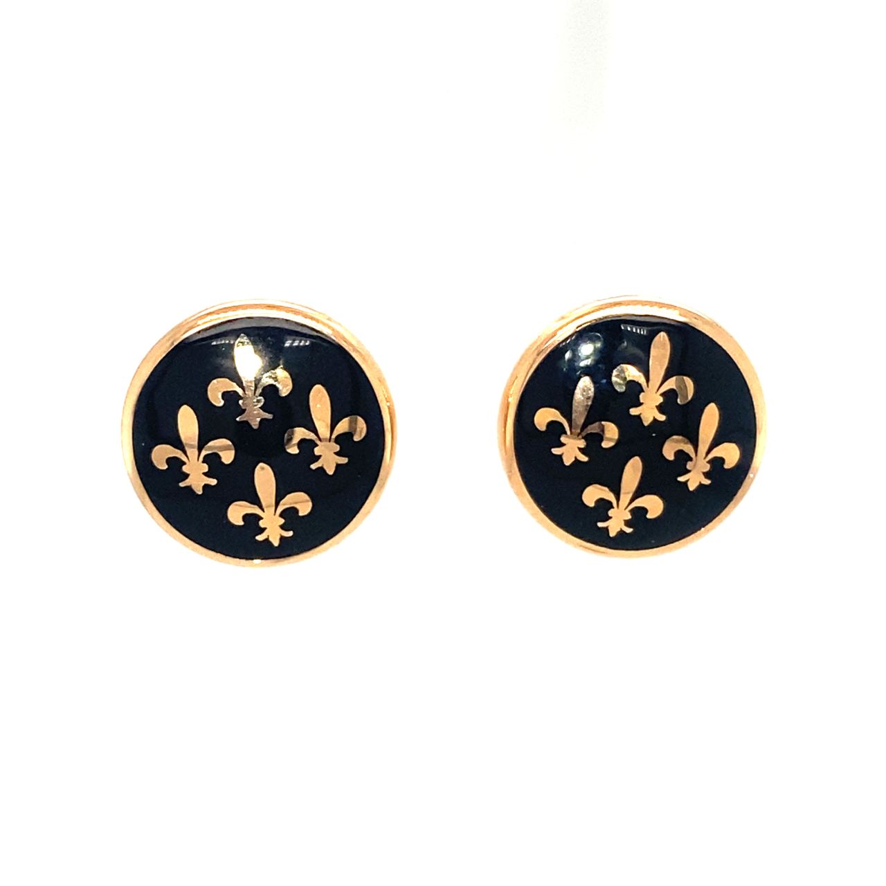 18K Rose Gold European Quarter Crest Black Enamel Earrings