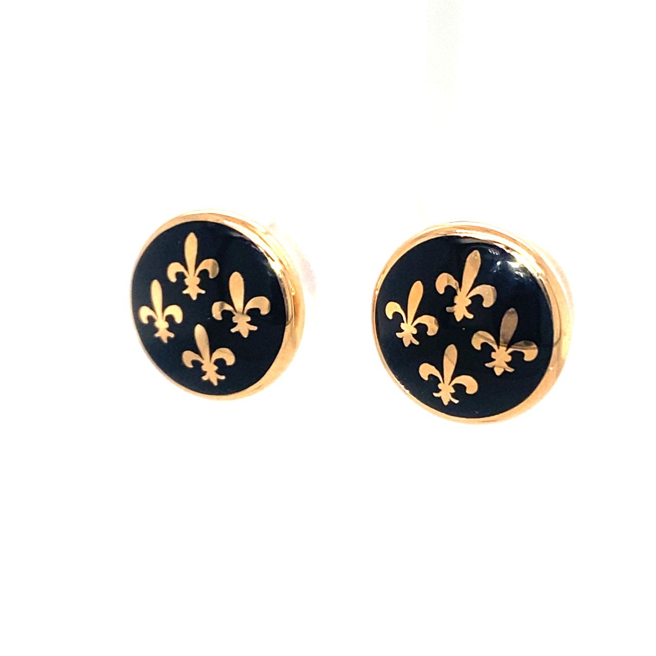 18K Rose Gold European Quarter Crest Black Enamel Earrings