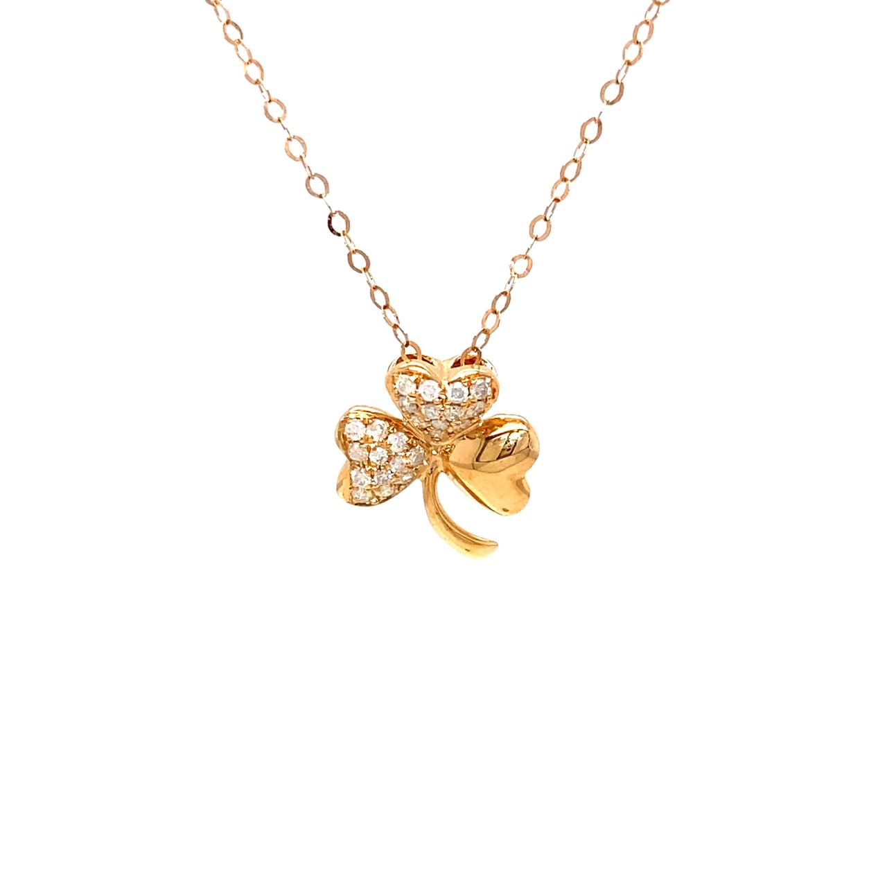 18K Rose Gold Three Leaf Heart Clover Diamond Necklace