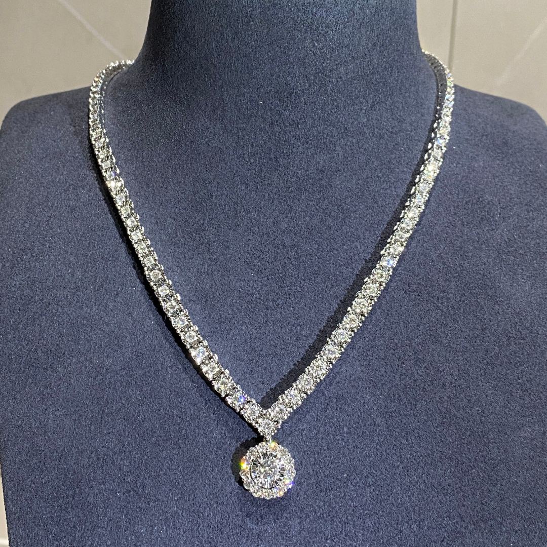 18K White Gold Thick Wide Illu Tennis Diamond Necklace