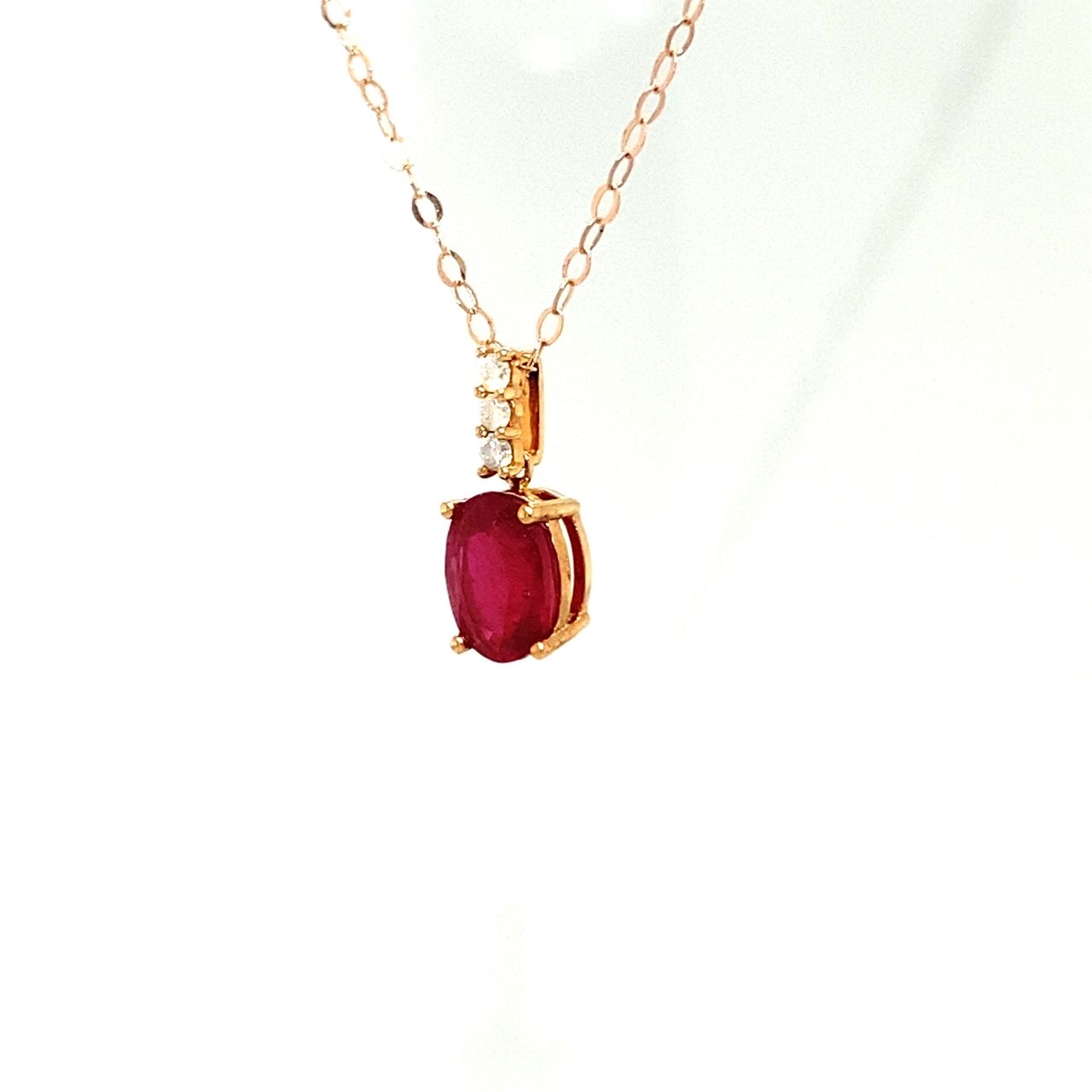 18K Rose Gold Oval Mini Ruby Triple Straight  Diamond Necklace
