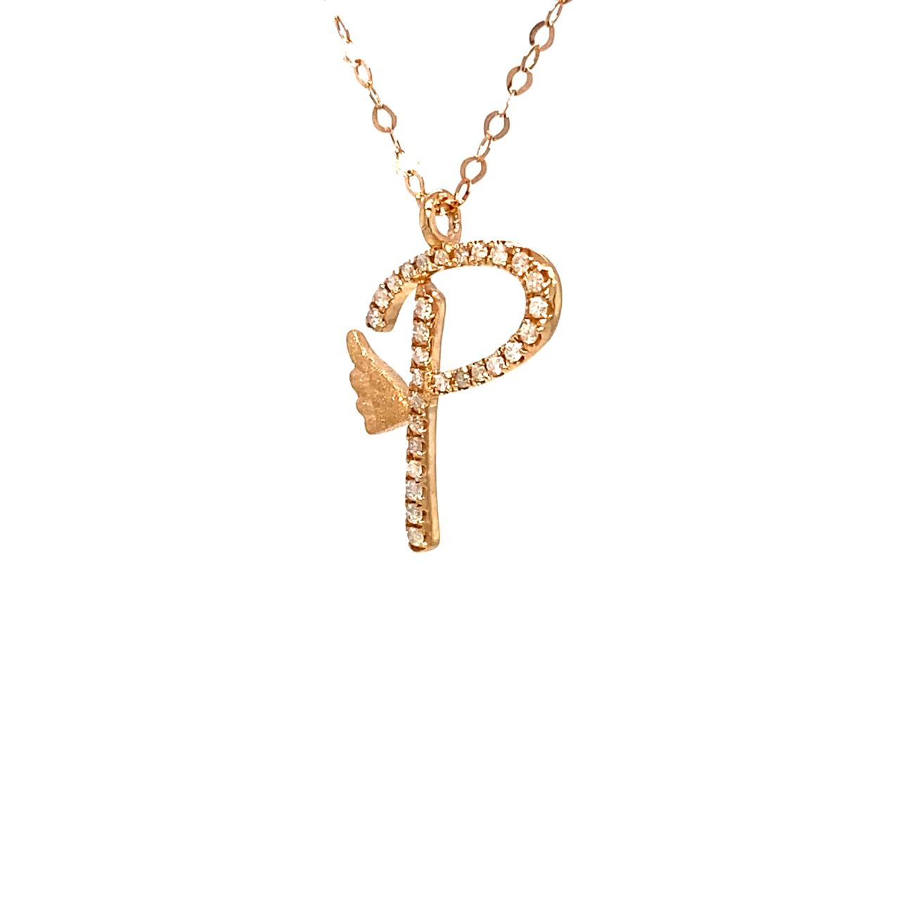 18K Rose Gold Stylish Wings Alphabet P Full Diamond Necklace