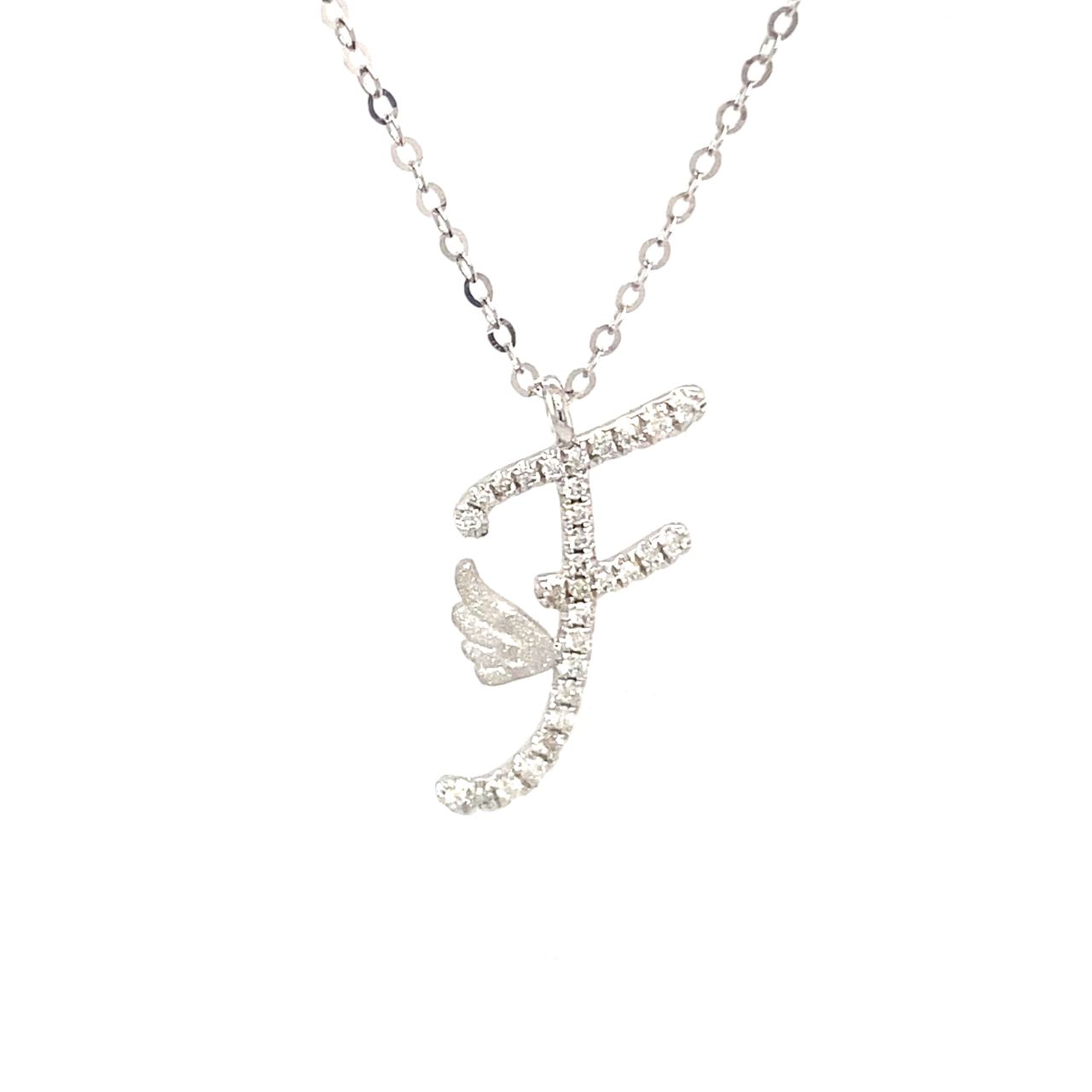 18K White Gold Stylish Wings Alphabet F Full Diamond Necklace