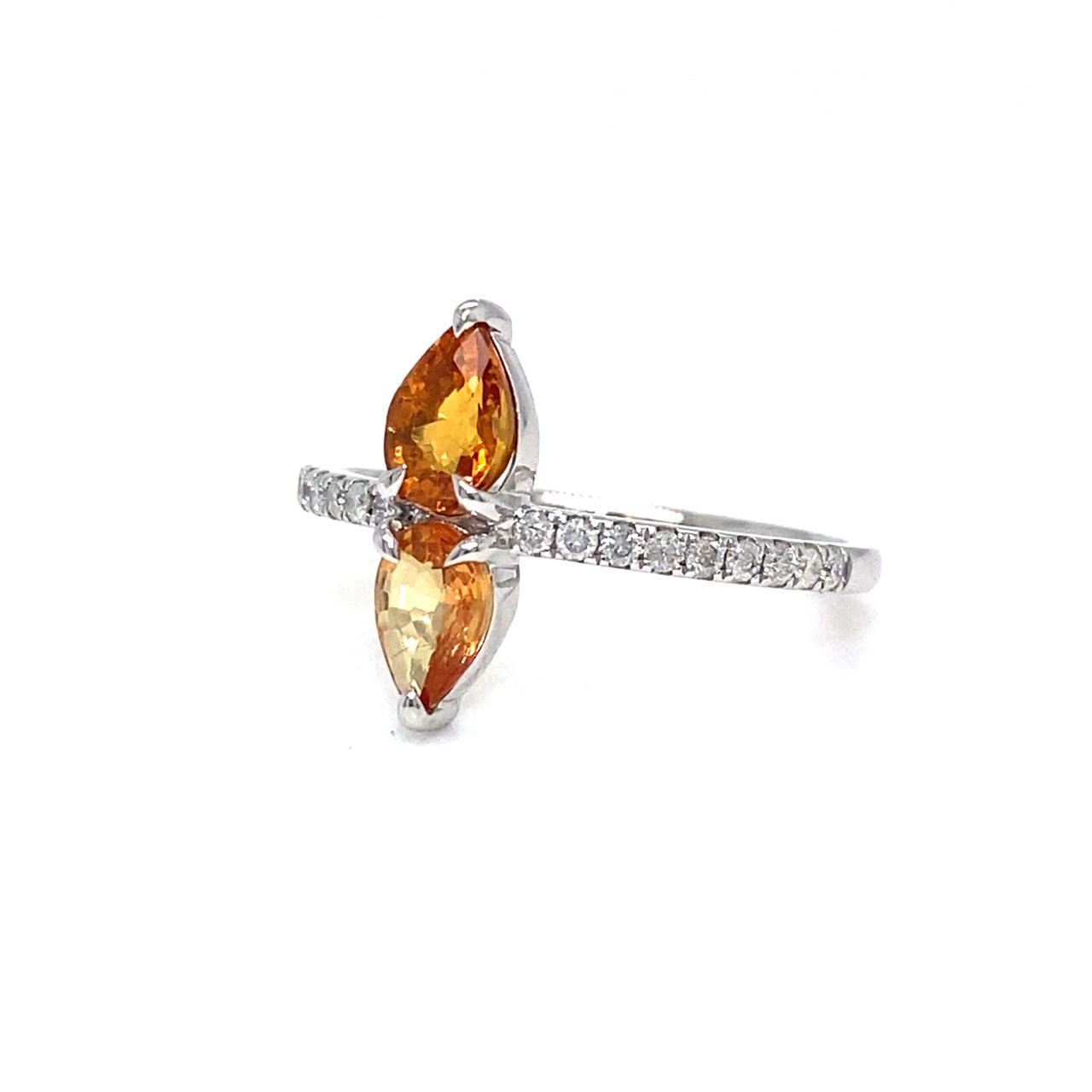 18K White Gold Orange Pear  Sapphire Up Down Diamond  Ring