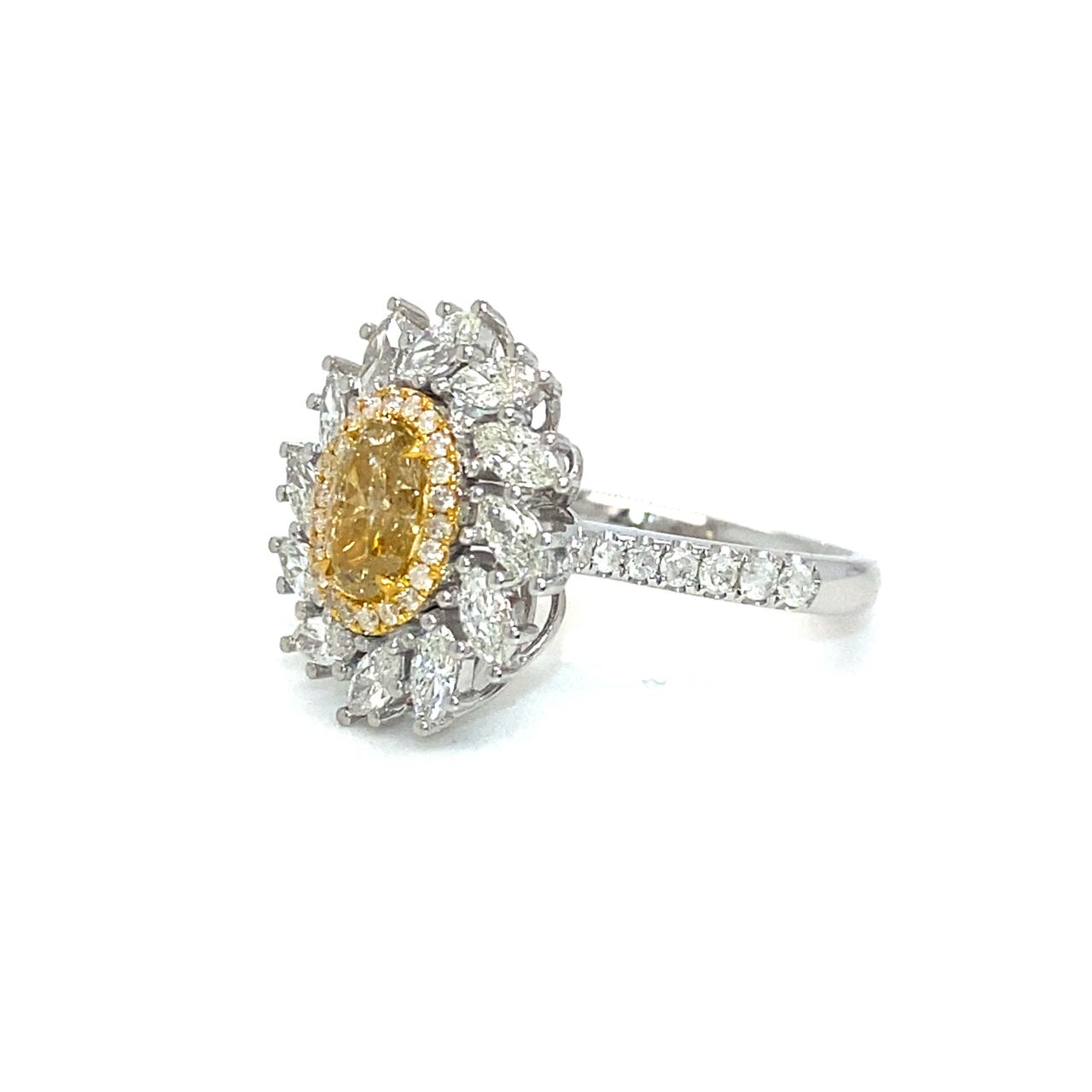 18K White Gold Oval Fancy Yellow Diamond With Marquise Halo Diamond Ring