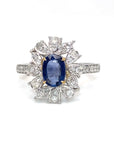18K White Gold Flower Halo Blue SAP OV Diamond Ring