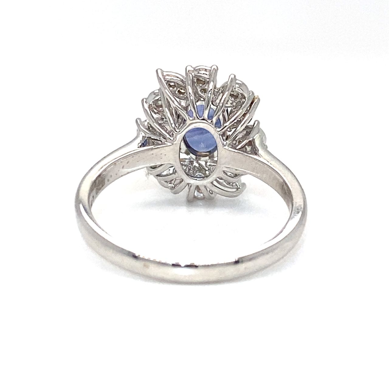 18K White Gold Flower Halo Blue SAP OV Diamond Ring