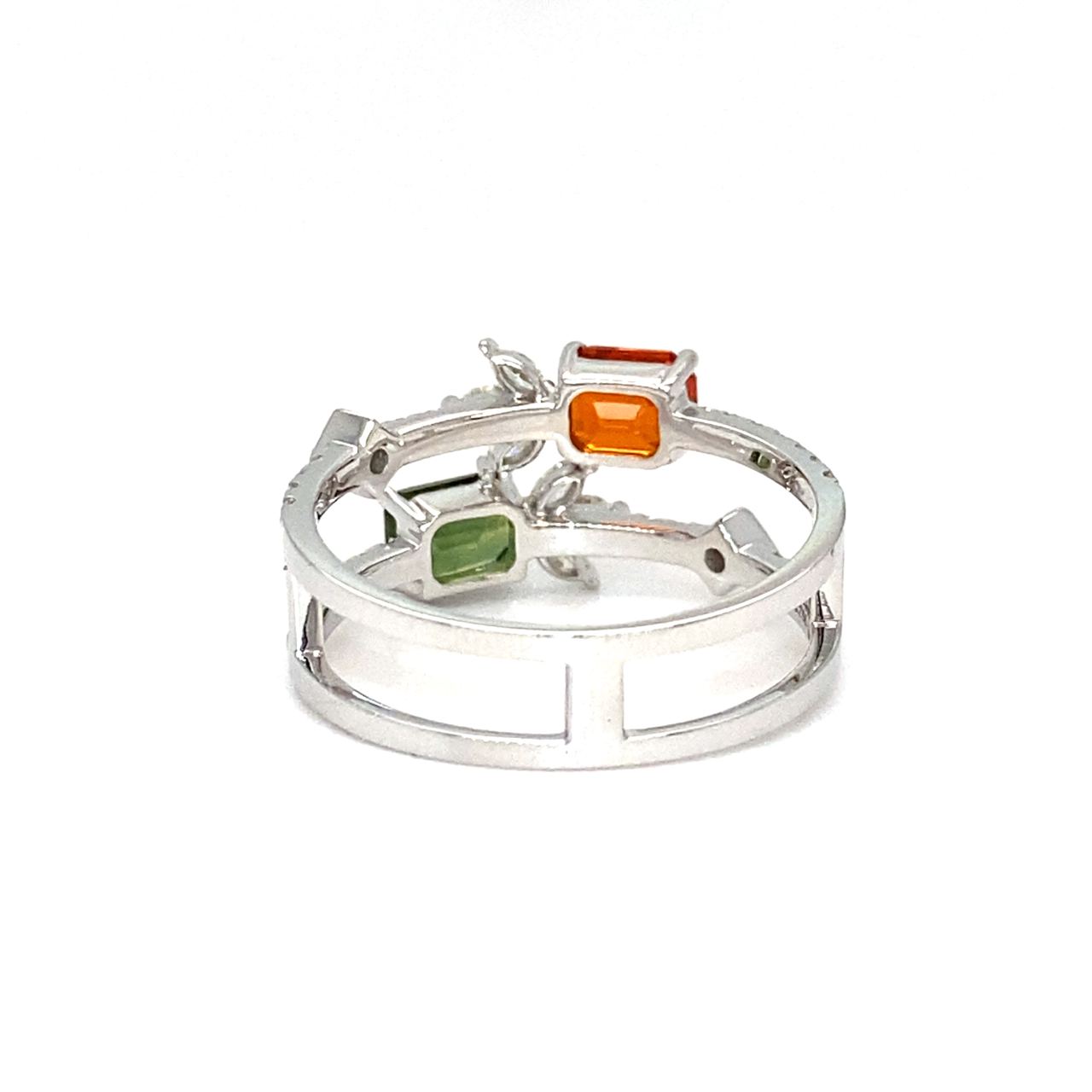 18K White Gold Double Deck Layer Emerald Shape Sapphire Leave Diamond Ring