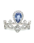 18K White Gold Blue Pear Shape Sapphire Crown Diamond Ring