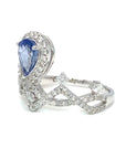 18K White Gold Blue Pear Shape Sapphire Crown Diamond Ring