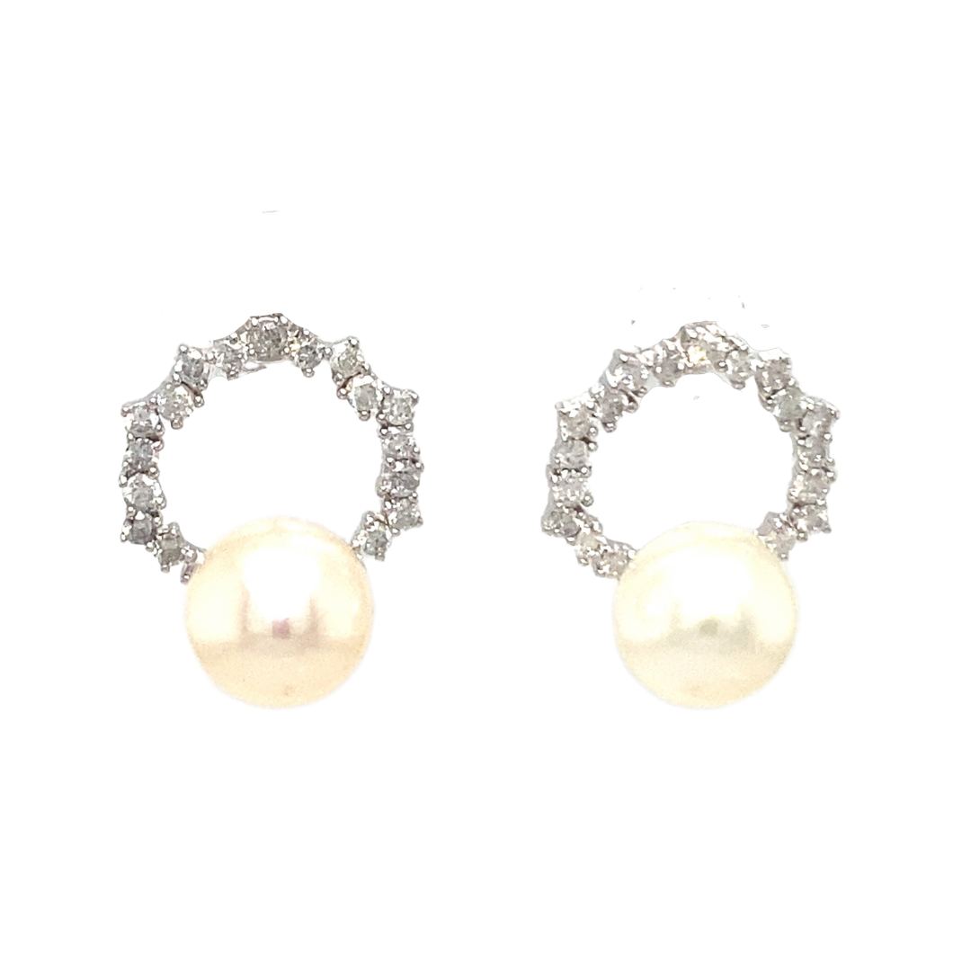 18K White Gold Holo Spring Flower Diamond Pearl Earrings