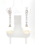 18K White Gold Straight Bar Diamond Pearl Earrings