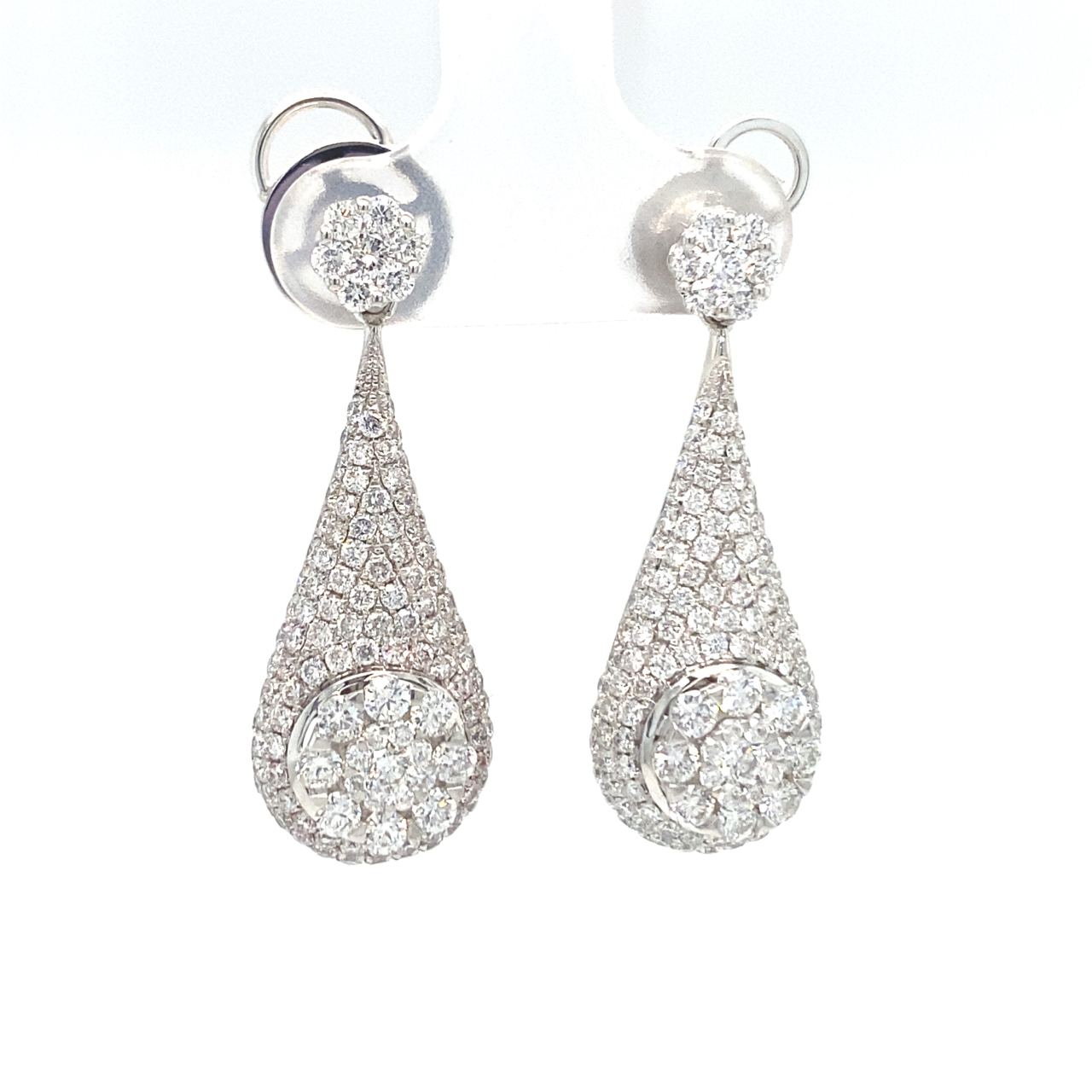 18K White Gold Bubble Drop Pave Lotus Cluster Diamond Earrings