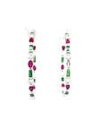 18K White Gold Large Hoop Green Baguette Ruby Marquise Diamond Earrings