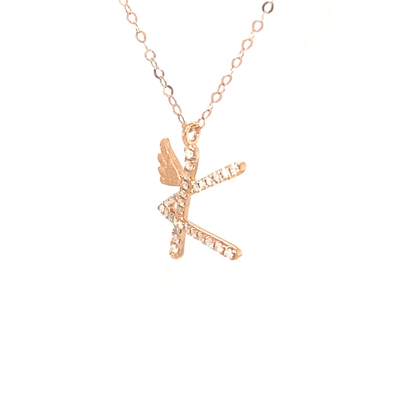 18K Rose Gold Stylish Wings Alphabet K Full Diamond Necklace