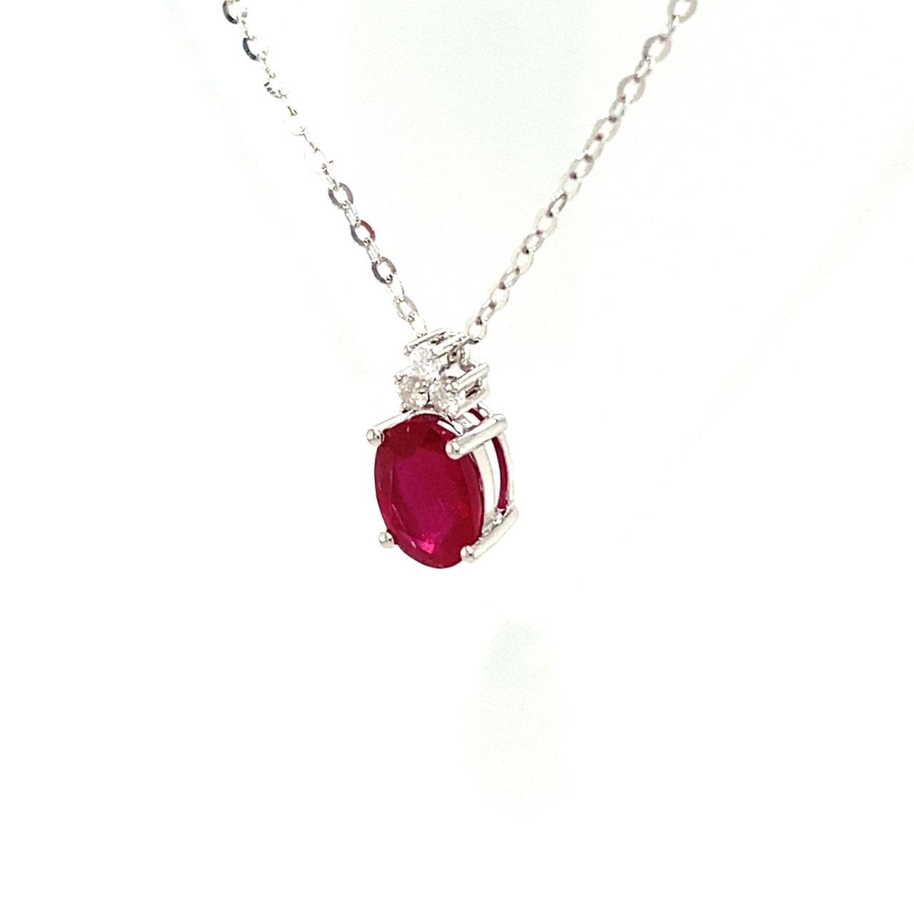 18K White Gold Oval Mini Ruby Triple Diamond Necklace