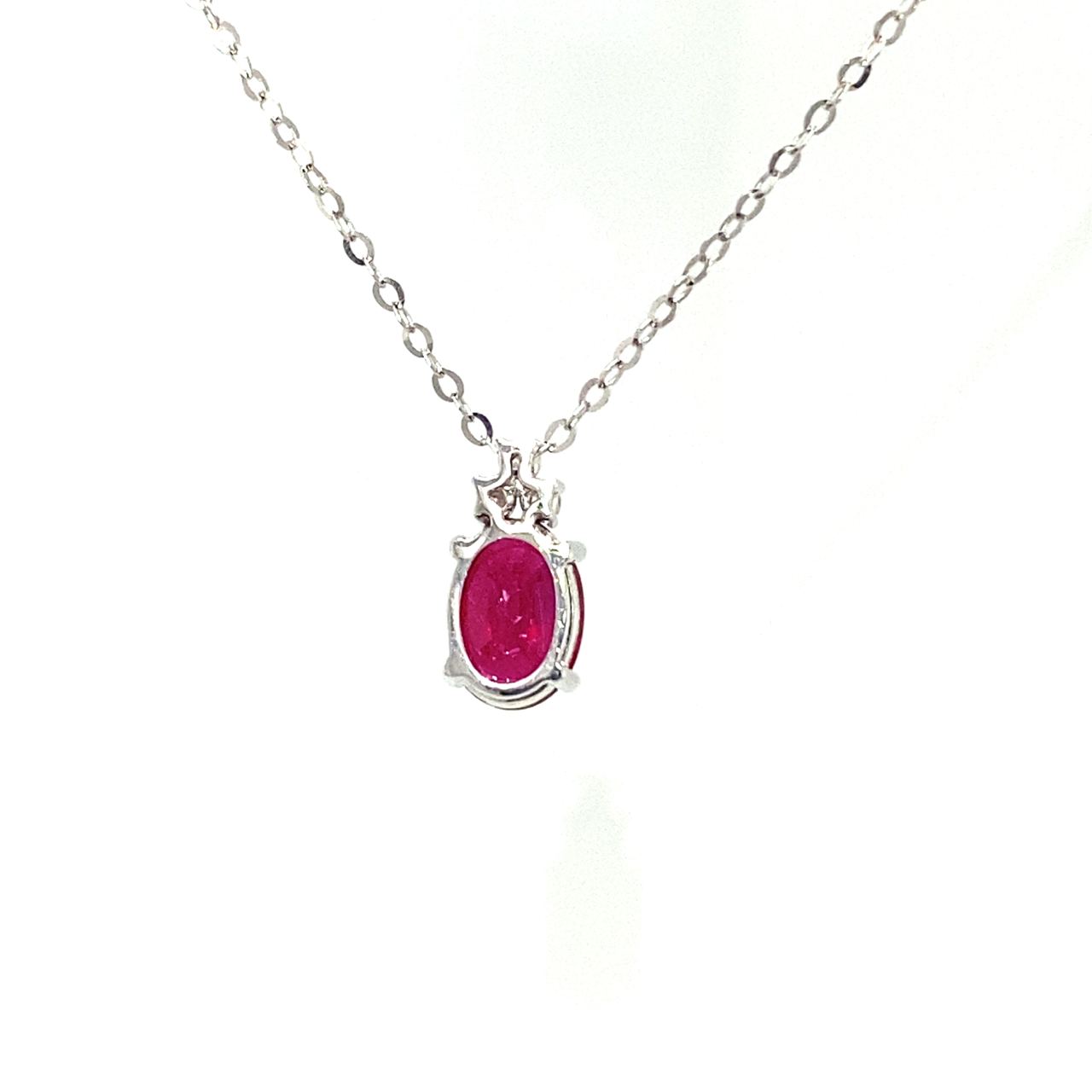 18K White Gold Oval Mini Ruby Triple Diamond Necklace