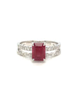 18K White Gold Simple Halo Emerald Shape Ruby Diamond Ring