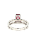 18K White Gold Simple Halo Emerald Shape Ruby Diamond Ring