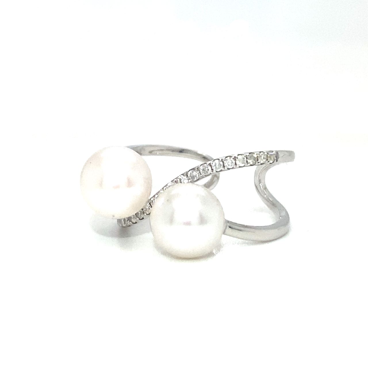 18K White Gold Double Pearl Cross Diamond Ring