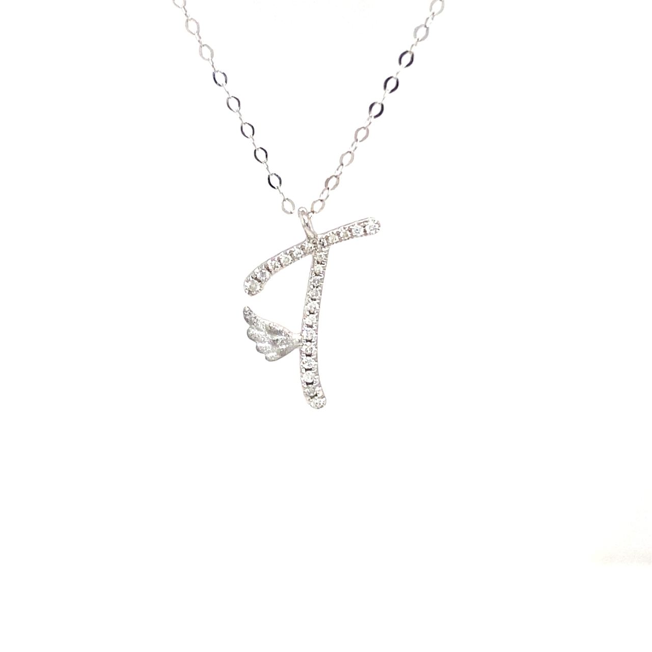 18K White Gold Stylish Wings Alphabet T Full Diamond Necklace