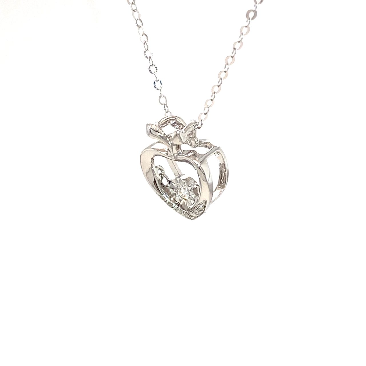 18K White Gold Two Leaf Heart Dancing Stone Diamond Necklace