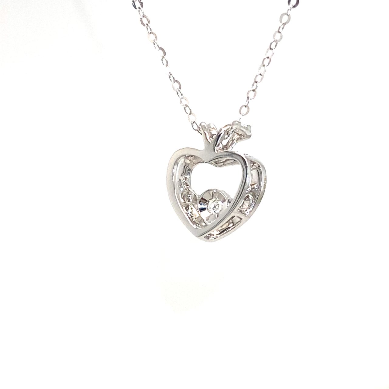 18K White Gold Two Leaf Heart Dancing Stone Diamond Necklace