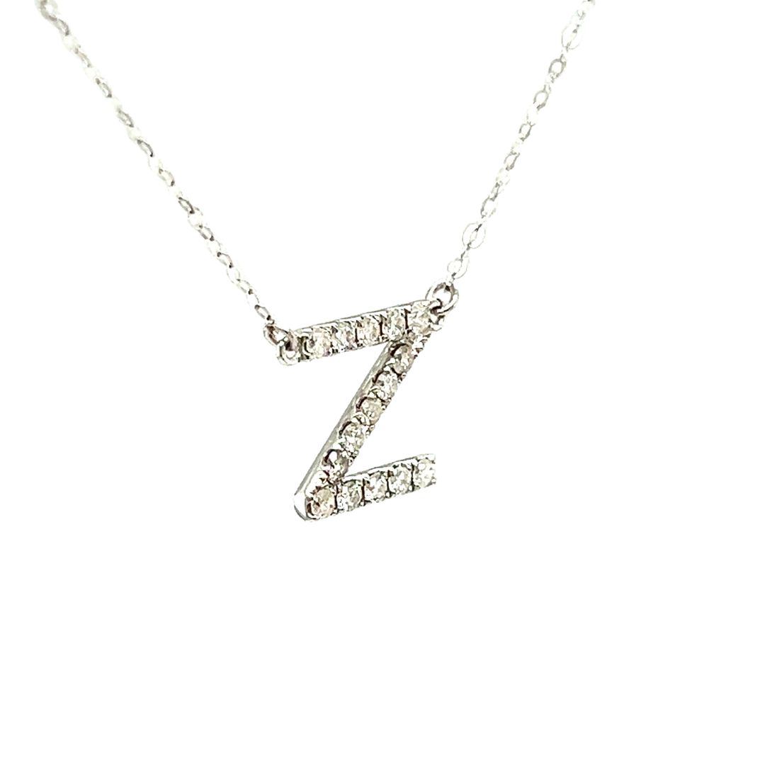 18K White Gold Classic Alphabet Z Full Diamond Necklace