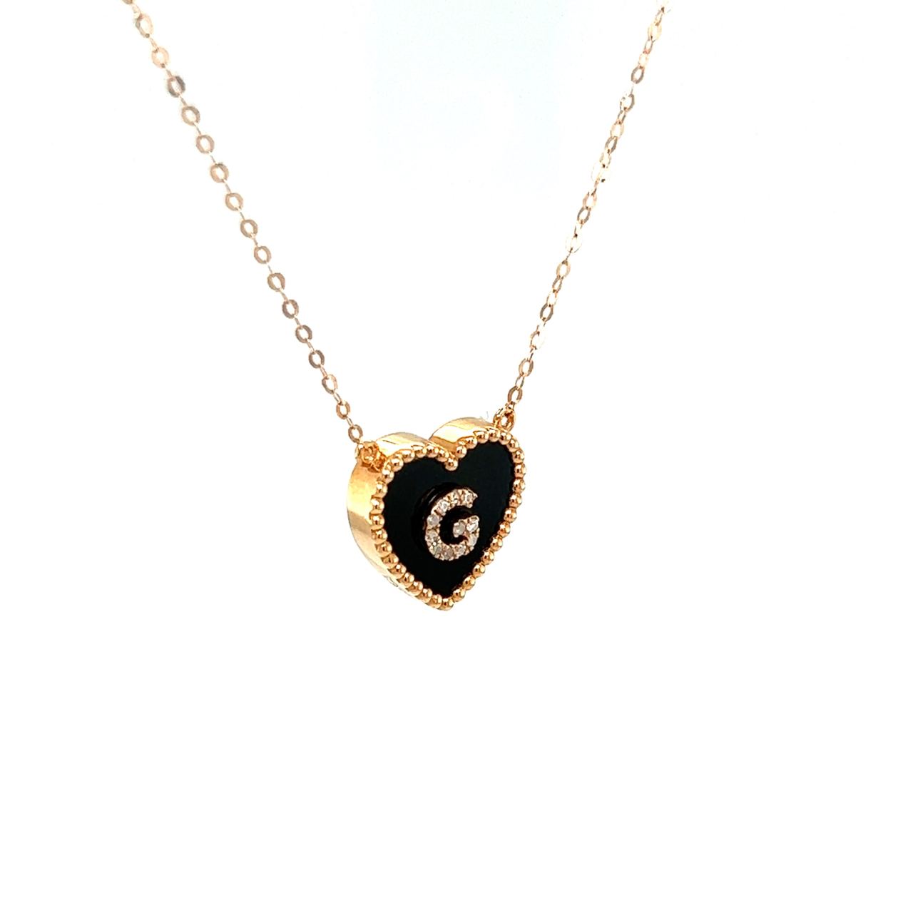 18K Rose Gold Heart Onyx Base Alphabet G Diamond Necklace