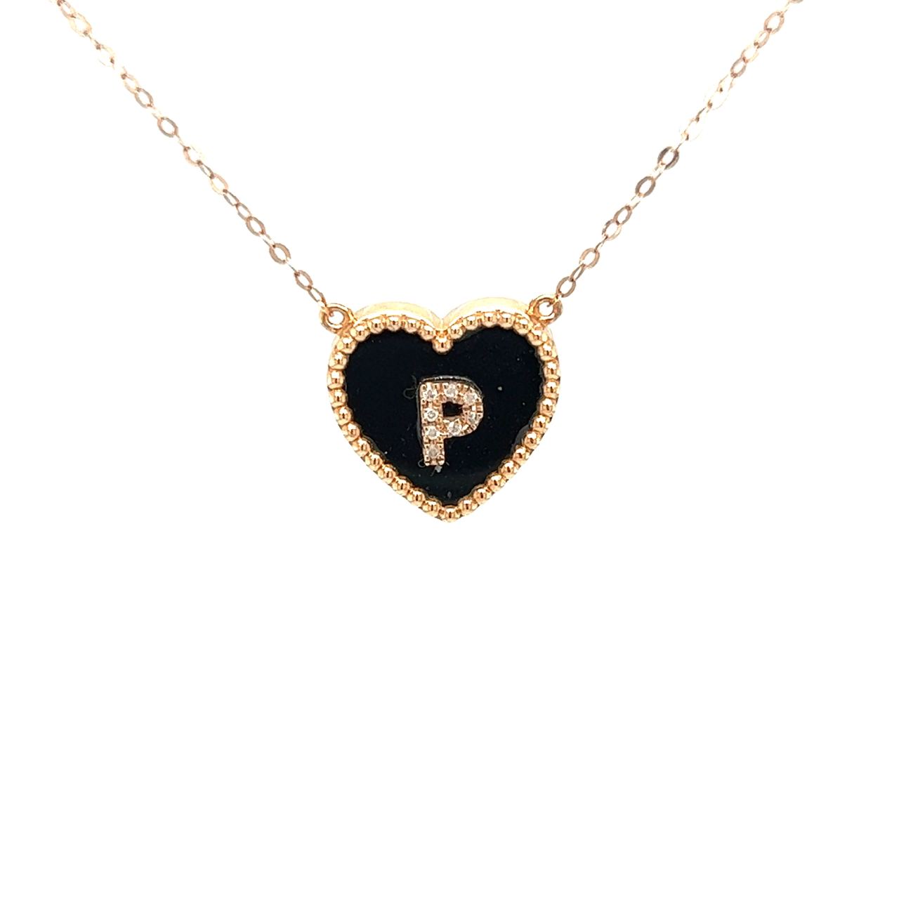 18K Rose Gold Heart Onyx Base Alphabet P Diamond Necklace