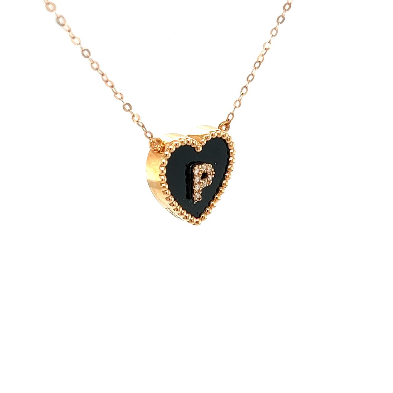 18K Rose Gold Heart Onyx Base Alphabet P Diamond Necklace