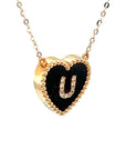 18K Rose Gold Heart Onyx Base Alphabet U Diamond Necklace