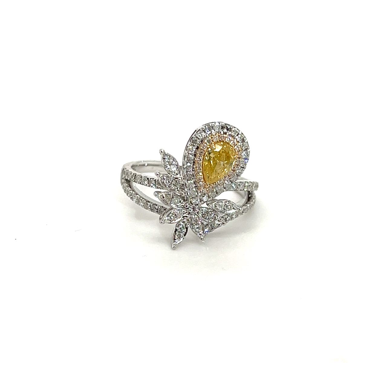 18K White Gold Tilt Pear Fancy Yellow Diamond Halo All Diamond Ring