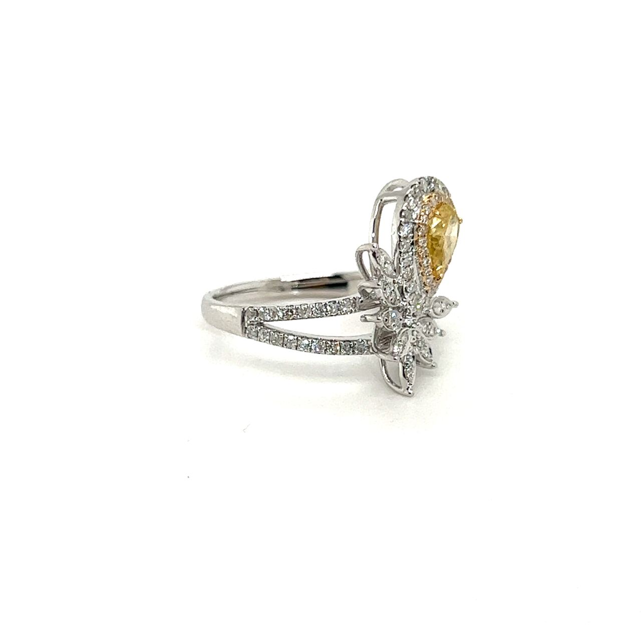 18K White Gold Tilt Pear Fancy Yellow Diamond Halo All Diamond Ring