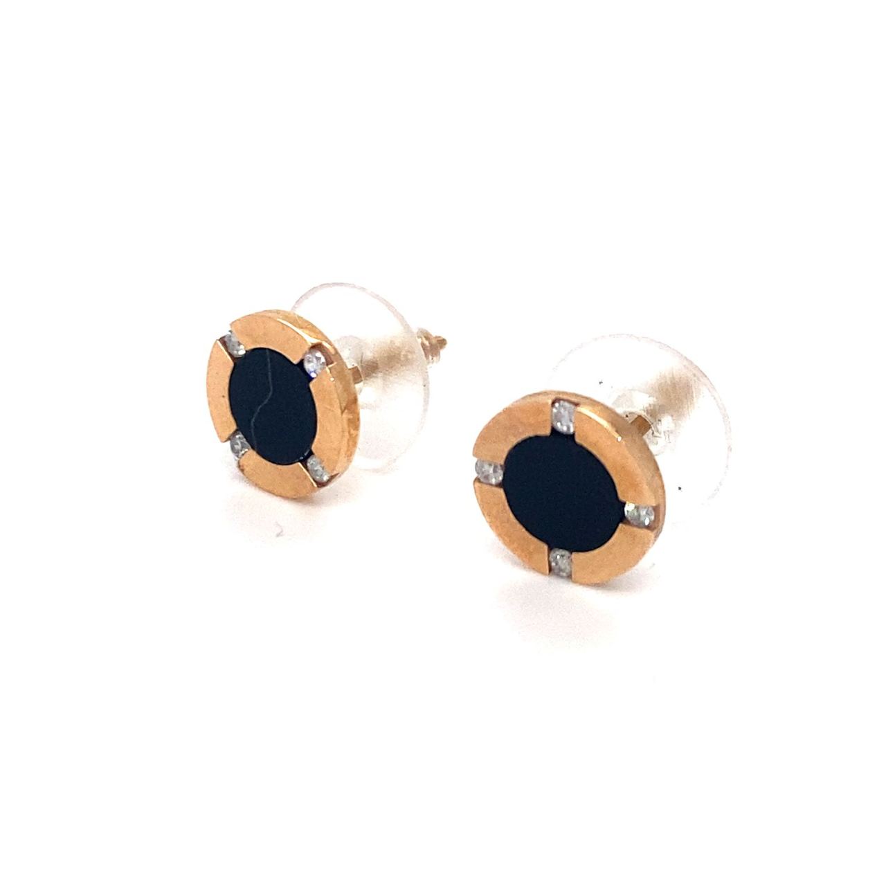 18K Rose Gold Round Onyx Diamond Earrings