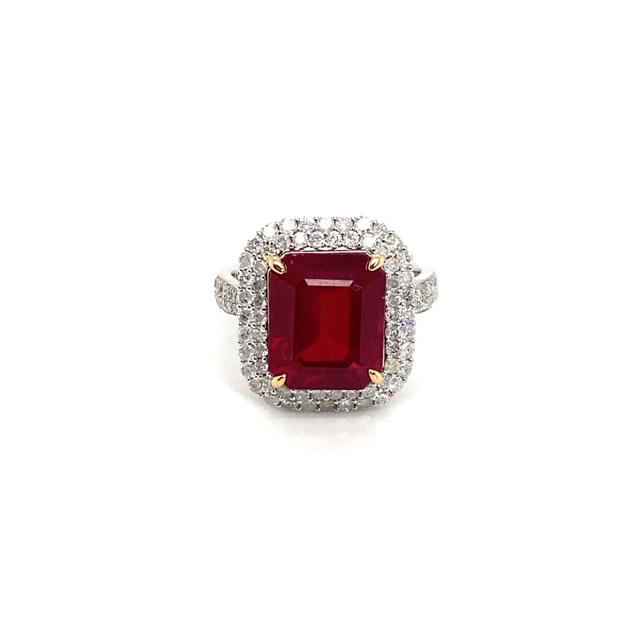 18K White Gold Ruby EM Shape Double Halo Classic Diamond Ring