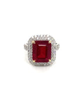 18K White Gold Ruby EM Shape Double Halo Classic Diamond Ring