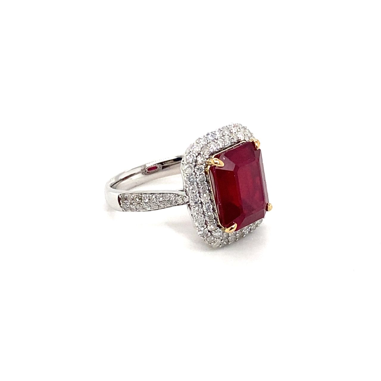 18K White Gold Ruby EM Shape Double Halo Classic Diamond Ring