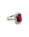 18K White Gold Ruby EM Shape Double Halo Classic Diamond Ring