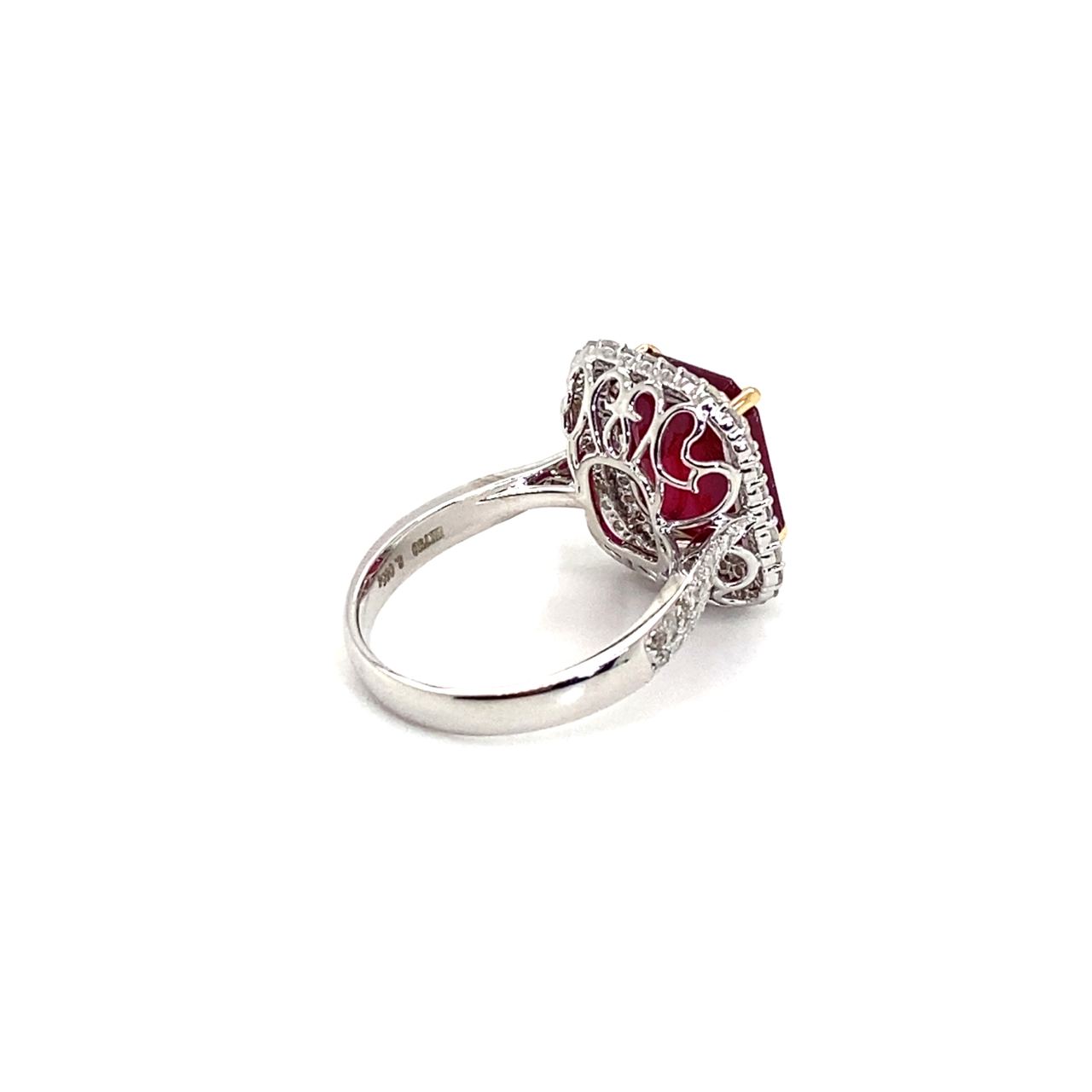 18K White Gold Ruby EM Shape Double Halo Classic Diamond Ring