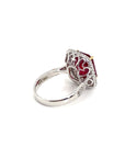 18K White Gold Ruby EM Shape Double Halo Classic Diamond Ring