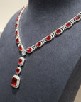 18K White Gold Party Major Glam Emerald Shape Ruby Luxe Diamond Necklace