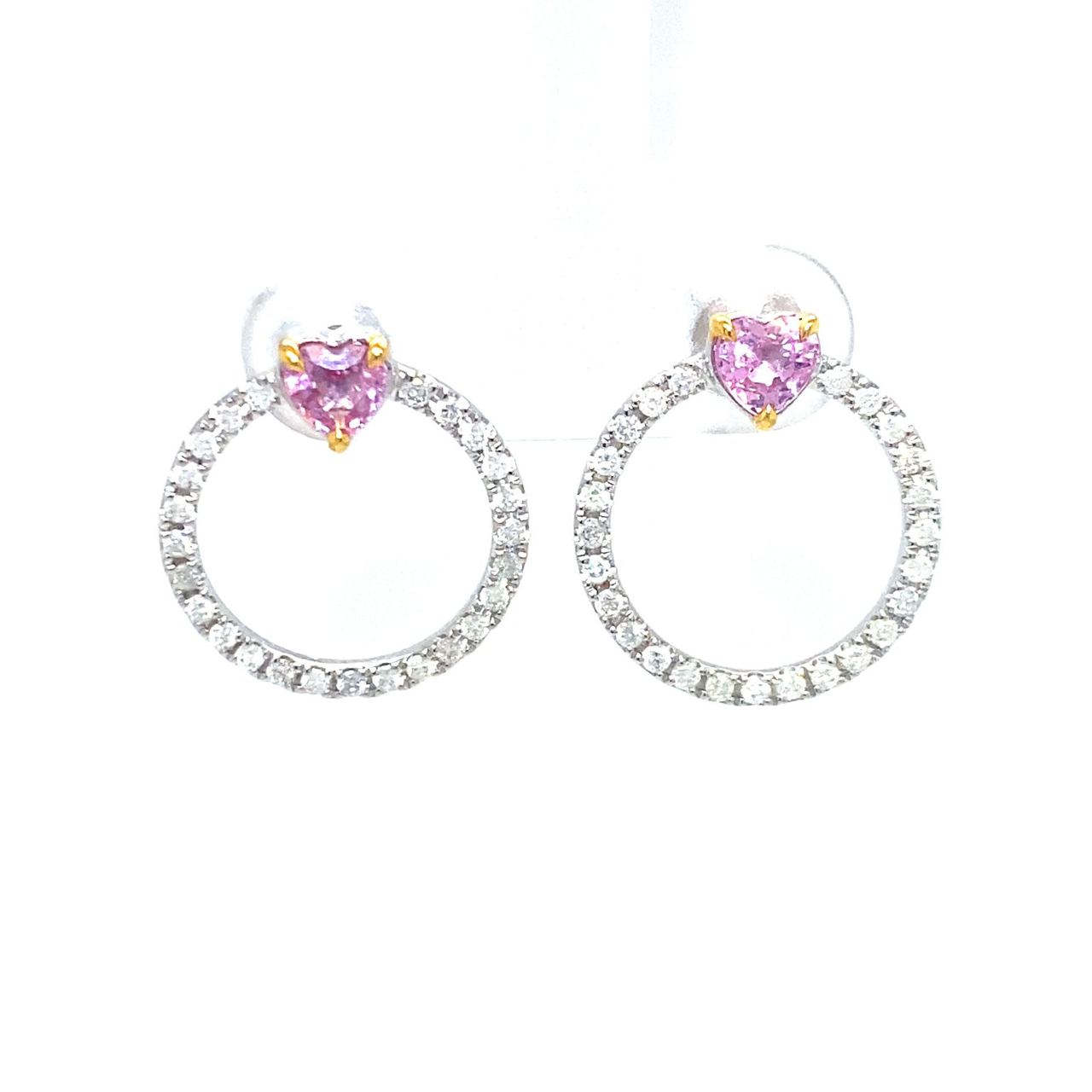 18K White Gold Orange Pink Heart Diamond Halo Earrings